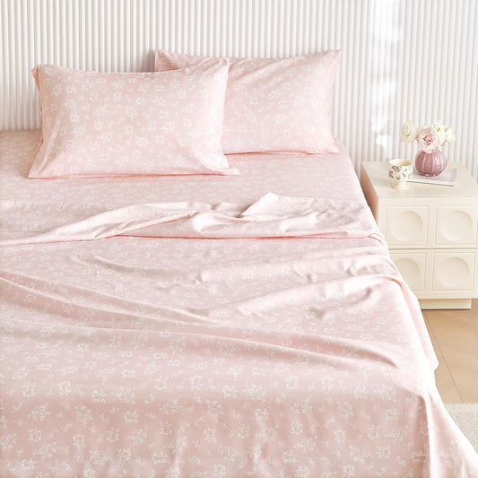 Wake In Cloud - Floral Bed Sheets, 4-Piece Sheet Set, Shabby Chic Flower Rose Pattern Printed Coquette Cottagecore Vintage Aesthetic Bedding, Deep Pocket, Pink White, Full Size