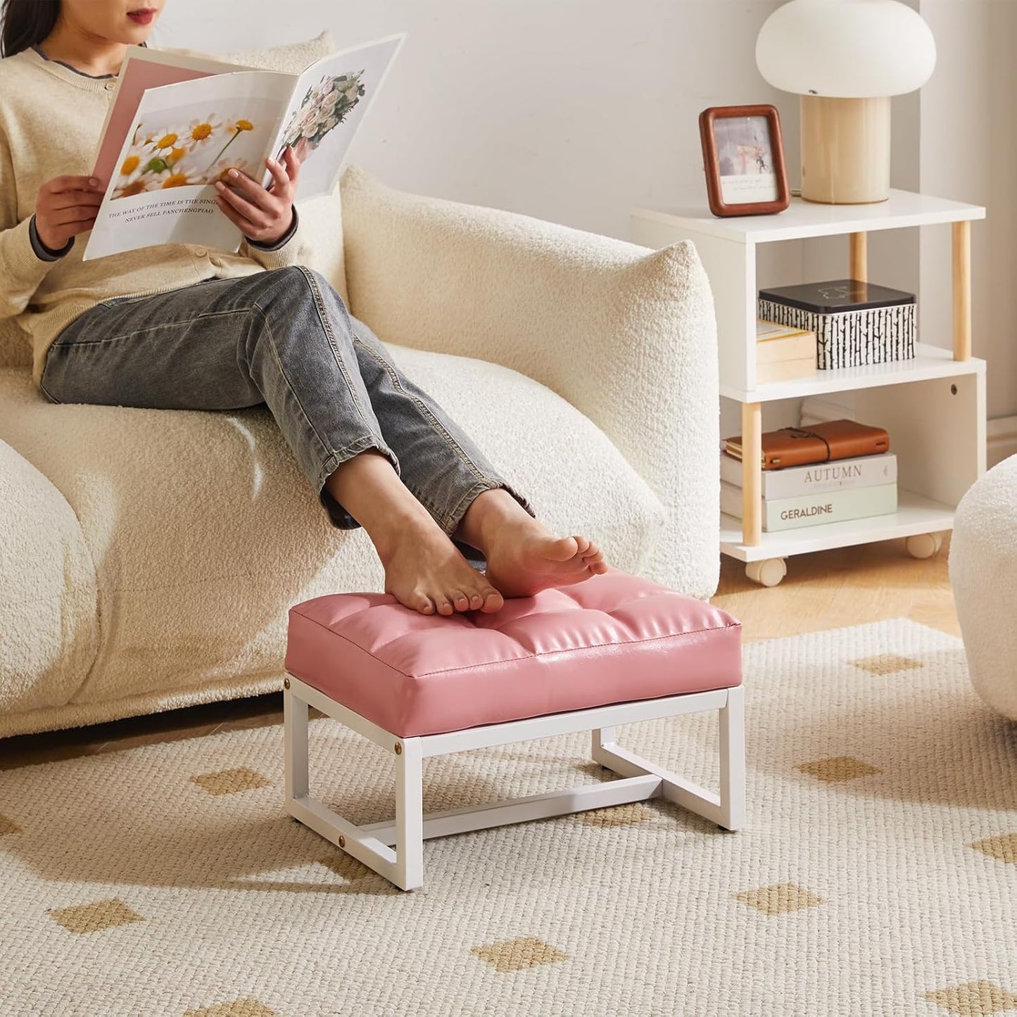 Aibiju Small Footstool, Rectangle Ottoman with Faux Leather Padded Seat, Change Shoes Bench, Sofa Footrest Extra Seating for Living Room Entryway Office, Pink YD-JD139P
