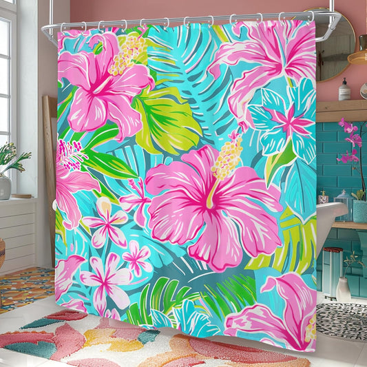 Riyidecor Tropical Hot Pink Floral Shower Curtain for Bathroom Decor 60Wx72H Flowers Green Leaves Palm Leaf Botanical Hibiscus Mostera Art Printed Fabric Polyester Waterproof 12 Pack Plastic Hooks