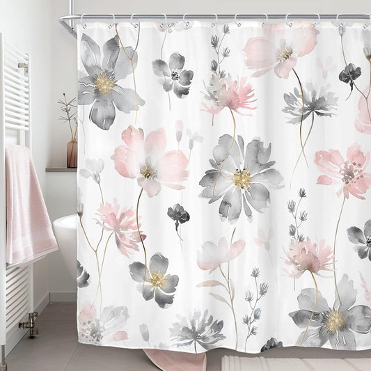 Riyidecor Pink Grey Floral Flower Shower Curtain for Bathroom Decor 72Wx72H Boho Watercolor Spring Wildflower Rustic Cute Plant Botanical Art Printed Fabric Polyester Waterproof 12 Pack Plastic