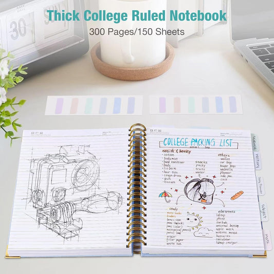 Spiral Notebook, College Ruled Notebook, 8" x 10", 300 Pages Leather Journals for Writing, B5 Hardcover Journaling Notebooks for Work School, 24pcs Tabs, Large Embossed Journal for Women Men, Pink