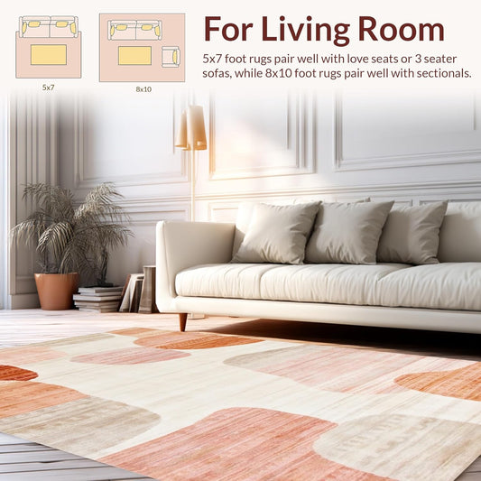 Flatwoven High Traffic Area Rug 5x7, Boho Chic Kitchen Mat Decorative Backing, Non Slip, Stain Resistant, Washable Area Rugs for Living Room, Bedroom (Peach, 5x7)