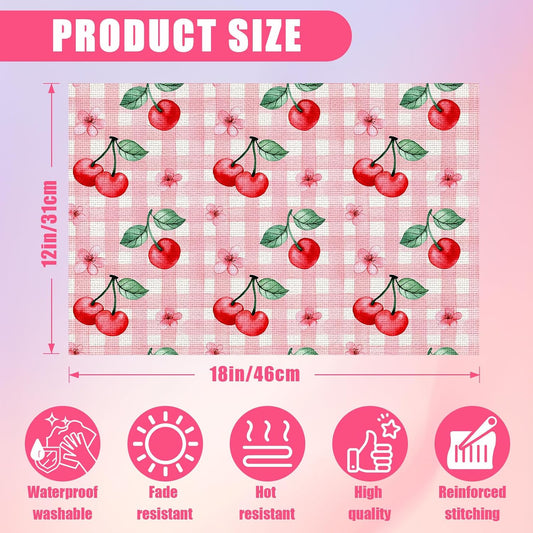 Pink Cherry Spring Flower Placemats Set of 6,12x18 Inch Linen Place Mat Washable Stain Resistant Table Mats for Spring Summer Seasonal Farmhouse Kitchen Party Home Decor