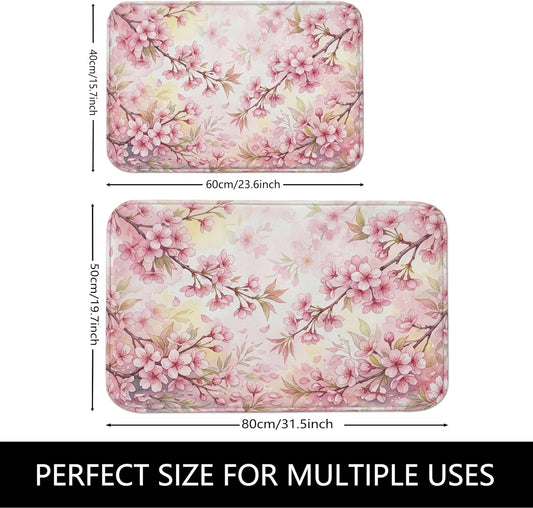 Floral Blossom Quick Dry Bath Mat, Elegant Peach Cherries Blossom Decorative Non Slip Shower Mat, Spring Washable Bath Rugs for Bathroom Toilet Restroom 20x32 Inch
