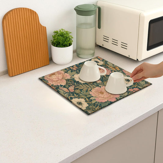 Floral Dish Drying Mats for Kitchen Counter, Peach Green Vintage Absorbent Dish Drainer Rack Mat, Spring Microfiber Drying Pad for Kitchen Counter Protector 16x18 Inch