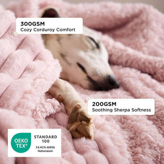 Bedsure ComfyFleece™ Waterproof Dog Blankets for Large Dogs - Soft Pet Cat Blanket Corduroy Fleece for Couch Bed Protector Washable, Cozy Calming Reversible Furniture Protection,50"x60", Blush Pink