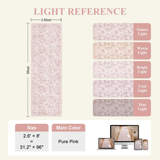 DUKINO 2.6x8 Rug for Hallway, Vintage Floral Non Slip Kitchen Runner Rug with Washable & Lightweight, Low Pile Indoor Floor Stain Resistant Carpet for Entryway, Bedroom, Bathroom, Laundry, Light Pink