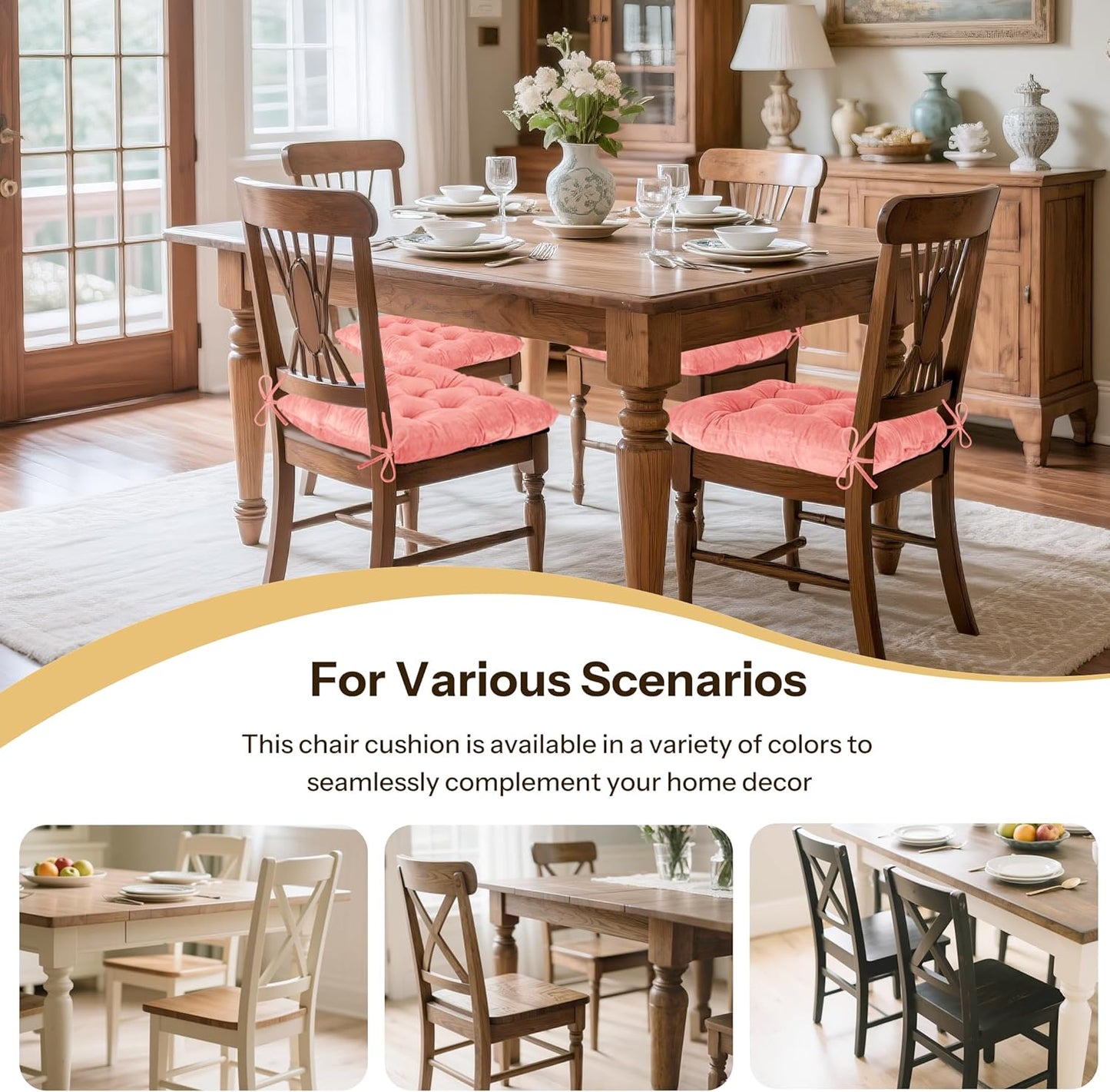 1 Pack Tufted Kitchen Chair Cushions Soft Indoor Chair Pads with Ties Thick Square Seat Cushions for Dining Room 15.5"x15.5" Pink