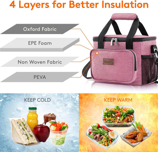 Lifewit Medium Lunch Bag, Insulated Lunch Box, Soft Cooler Cooling Tote for Adult Men Women, Pink 12-Can (9L)