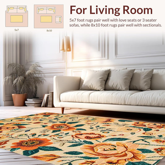 Flatwoven High Traffic Area Rug 8x10, Boho Floral Entryway Mat, Non Slip, Stain Resistant, Washable Area Rugs for Living Room, Bedroom (Peach, 8x10)