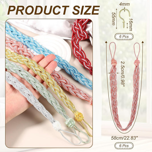 PATIKIL 23inch Curtain Tiebacks, 6 Pack Curtain Tie Backs Handmade Braided Drapery Tiebacks Lovely Cute Versatile Holdback Rope with Hook for Curtains Drapes Wall Window, Pink