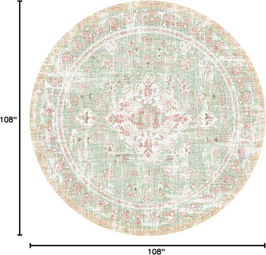 Vhong Boho Area Rugs Vintage Washable Modern Neutral Carpet Green and Pink 9×9 High Traffic Round Rugs for Dinning Room Living Room Bedroom Farmhouse Non Slip