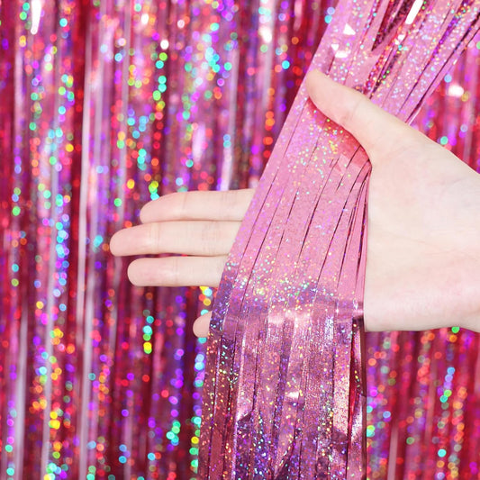 Voircoloria 2 Pack Laser Pink Tinsel Foil Fringe Curtains, 3.28 ft x 6.56 ft, Metallic Party Streamers Backdrop for Birthday Bachelorette Graduation Wedding Party Decorations