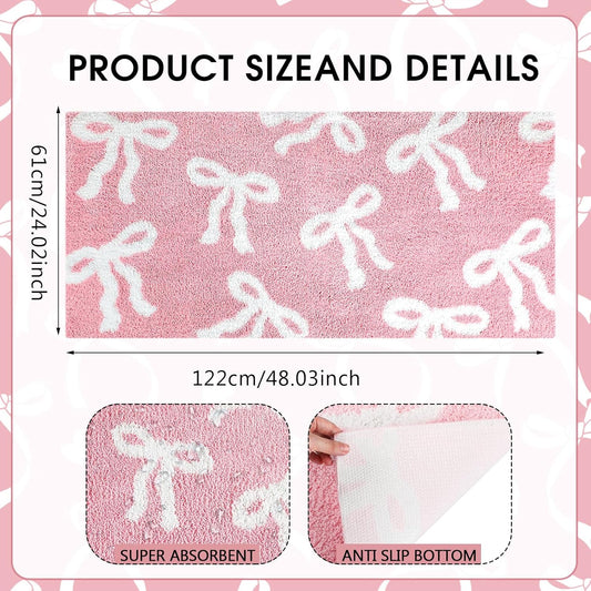 Tinideya Pink Bow Bathroom Rug 24 x 48 Inch Coquette Bath Mat Non Slip Absorbent Microfiber Floor Mat Machine Washable Cute Bow Rug for College Dorm Vanity Bedroom Bathroom Decor
