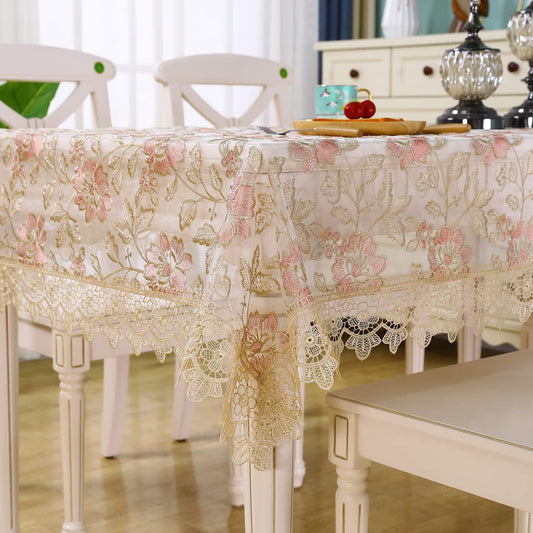 Pink Lace Table Cloth Floral Embroidered Lace Tablecloth Rose Decor Macrame Crochet Rectangle Small Vintage Shabby Chic Table Cover for Dining Kitchen Summer Outdoor Holiday Birthday Party Spring