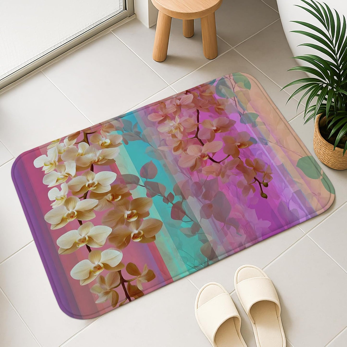 Spring Floral Quick Dry Bath Mat, Vibrant Peach Blossom Pattern Non Slip Shower Mat, Elegant Memory Foam Washable Bath Rugs for Bathroom Toilet Restroom Decorative 20x32 Inch