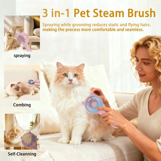 Pet Steam Brush for Cats & Dogs ,3-in-1 Pet Grooming Comb,Reduces Shedding, Soft Bristles, Promotes Healthy Coat-Comes - Includes Waterless Shampoo,Pink