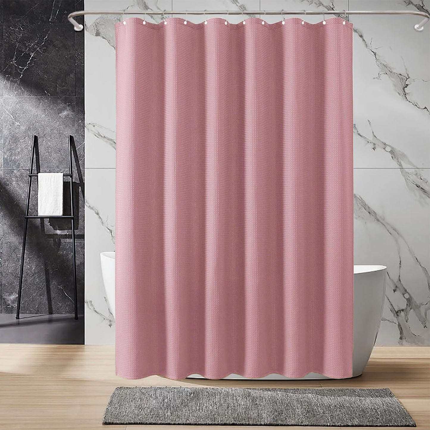 Inhousolu Fabric Shower Curtain, Waffle Weave 230 GSM Polyester, Weighted Hem, Metal Hooks Included, Water Repellent Washable, 72 x 72 Inch, Pink