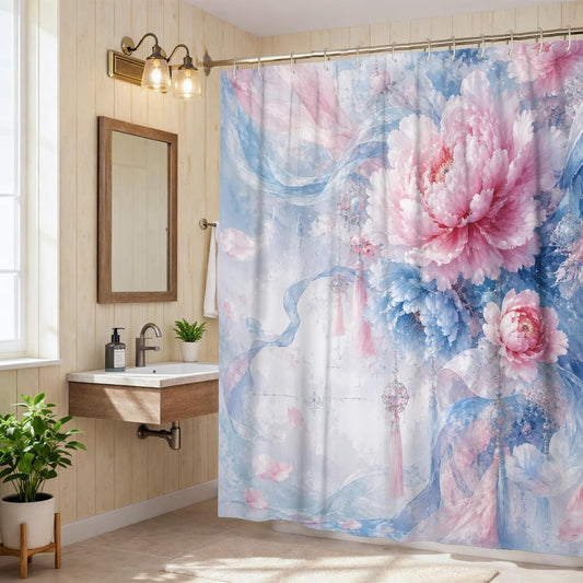 Peony Shower Curtain, Romantic Elegant Ribbons Floral Spring Peach Waterproof Fabric Toile Cloth Shower Curtains for Bathroom Bathtub Apartment Decor 72x72 Inch