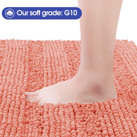 ACCUMTEK Striped Coral Bathroom Rug Mat Set 2 piece 24"x17"+48"x20" Ultra Soft, Non Slip Chenille Bath Rugs, Absorbent Plush Shaggy Bath Mats for Bathroom, Bedroom, Kitchen, Shower, Tub