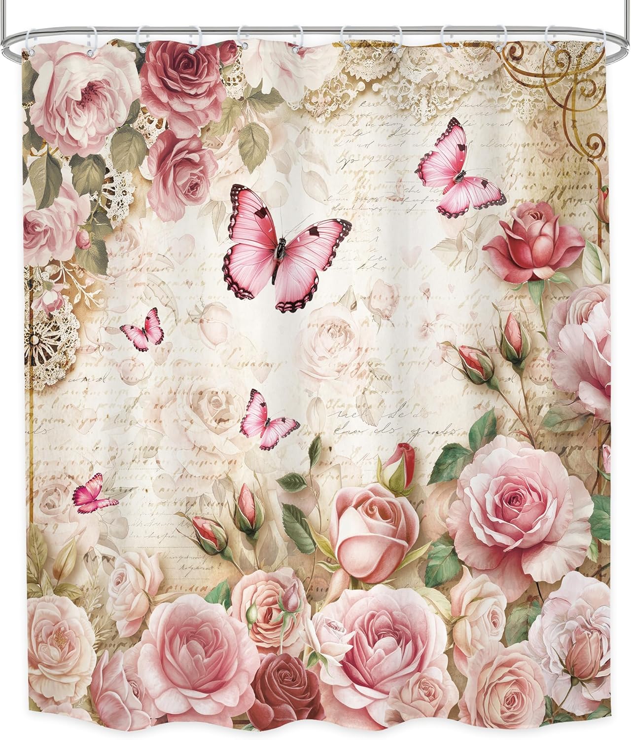 Rustic Pink Rose Butterfly Shower Curtain Bathroom Set 60Wx71H Inches Floral Peony Green Leaves Plant Text Background Bath Accessories Botanical Botany Art Home Decor Fabric 12 Pack Hooks