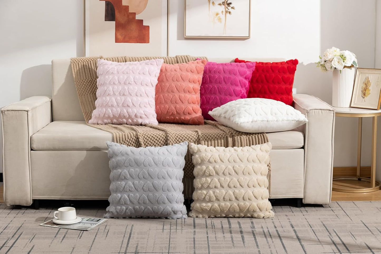 Valentines Throw Pillow Covers 16x16 Set of 2, Home Decor Spring Pillow Covers Heart Love Couch Cushion Cover, Soft Plush Faux Fur Pillowcase for Living Room Sofa Bed, Peach