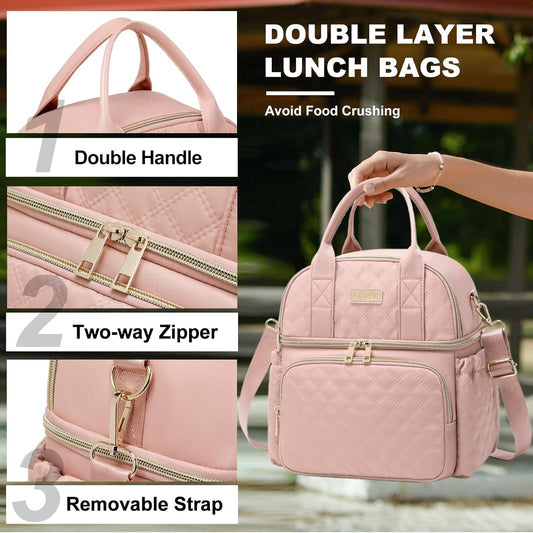 AIJIEKE Large Insulated Lunch Bag for Women, Double Compartment Leakproof Lunch Box for Work Office, Reusable Cooler Tote with Adjustable Strap & Side Pockets for Adults Picnic Beach, Pink