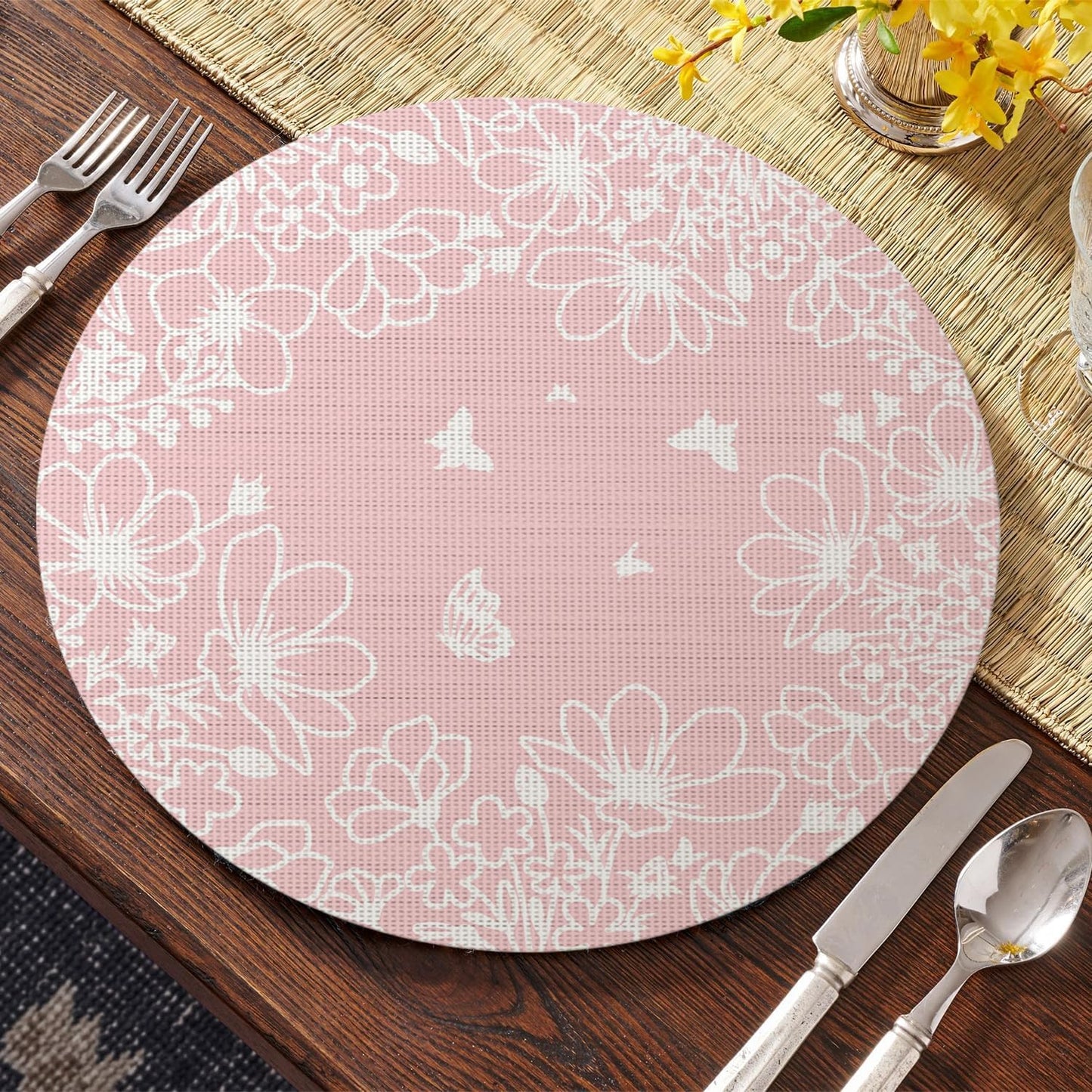 Artoid Mode Pink Leaves Vinyl Round Placemats Set of 4, 14 Inch Washable Non-Slip Heat Resistant Woven Plastic Spring Table Mats for Party Kitchen Dining Decor