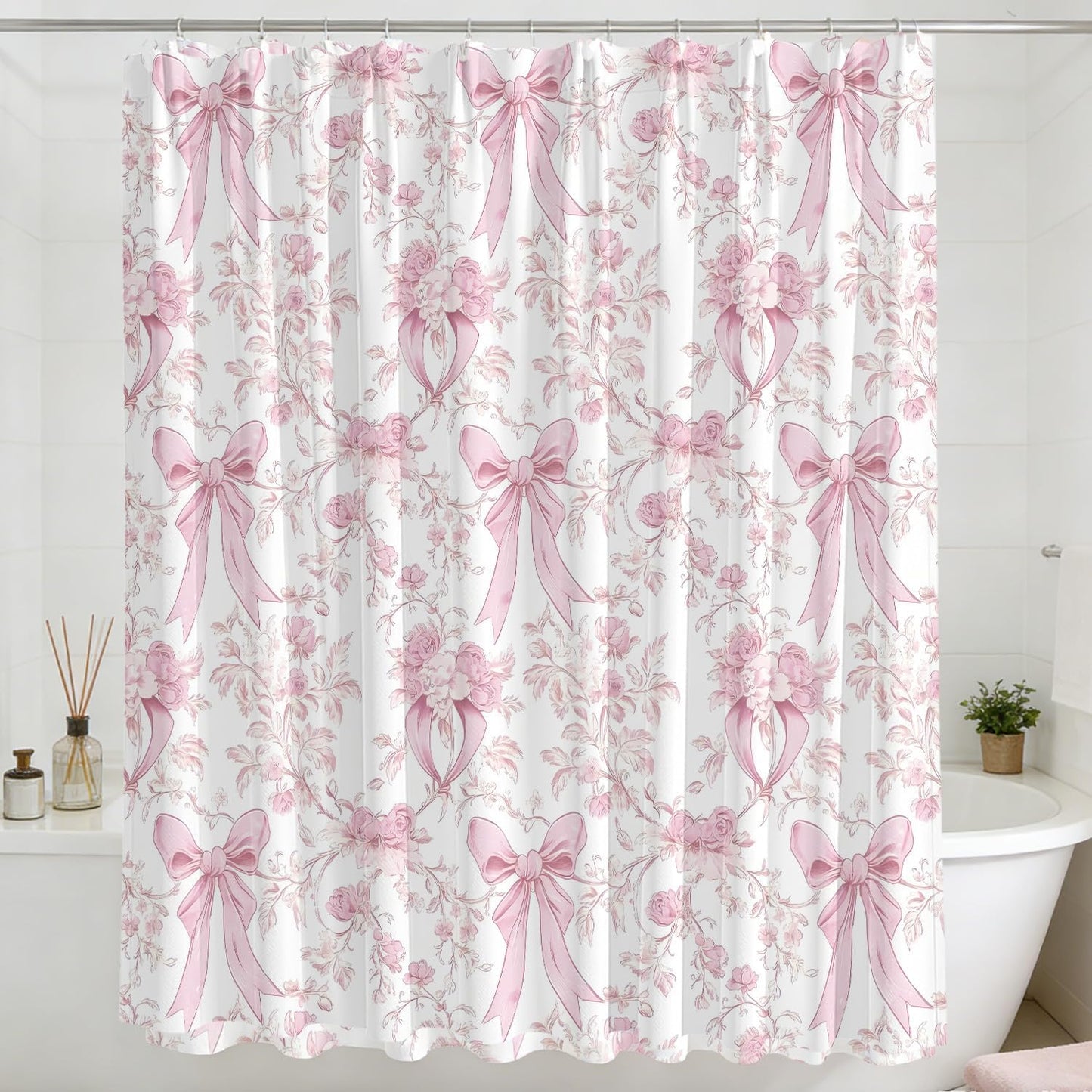 Pink Bow Shower Curtain Decor, Pink and White Girly Shower Bath Tub Curtain, Aesthetic Coquete Waterproof Bathroom Decor(72 X 72 Inches)