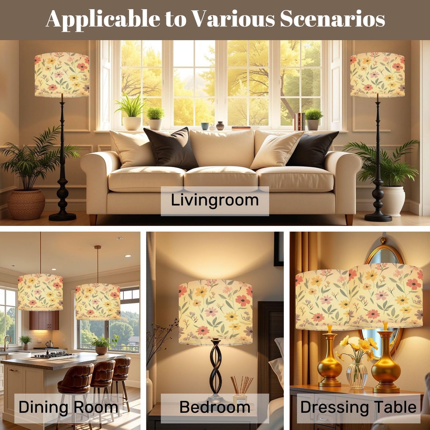 Large Lamp Shades for Floor Lamps Pastel Floral Soft Pink Yellow Purple Flowers Light Beige Easy Assembly Required Fabric Lamp Shades for Living Room Kitchen Room Decor 16x16x12in