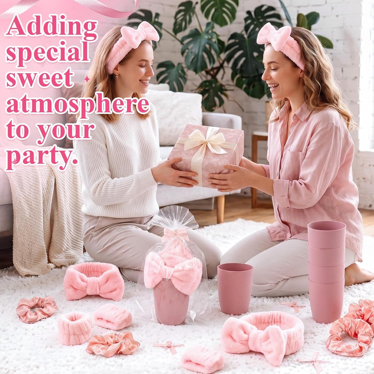 6 Set Sleepover Party Supplies for Girls Pink Toothbrush Cup Bow Headband Wristbands Scrunchies Slumber Gift for Women Birthday Bachelorette Sleepover Party Favors