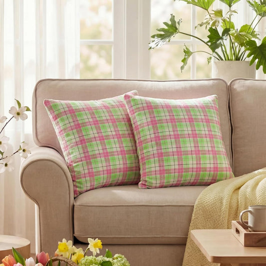 AVOIN colorlife Spring Summer Green Pink Plaid Decorative Throw Pillow Covers, 18 x 18 Inch Holiday Scottish Tartan Cushion Case Farmhouse Decoration for Sofa Couch Set of 2