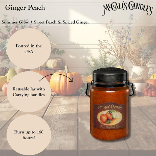 McCall’s Candles | Ginger Peach | 26 oz Scented Candle | USA-Poured | Vintage Rustic Jar with Carrying Handle | Sweet Peach, Brown Sugar & Ginger Spice Fragrance