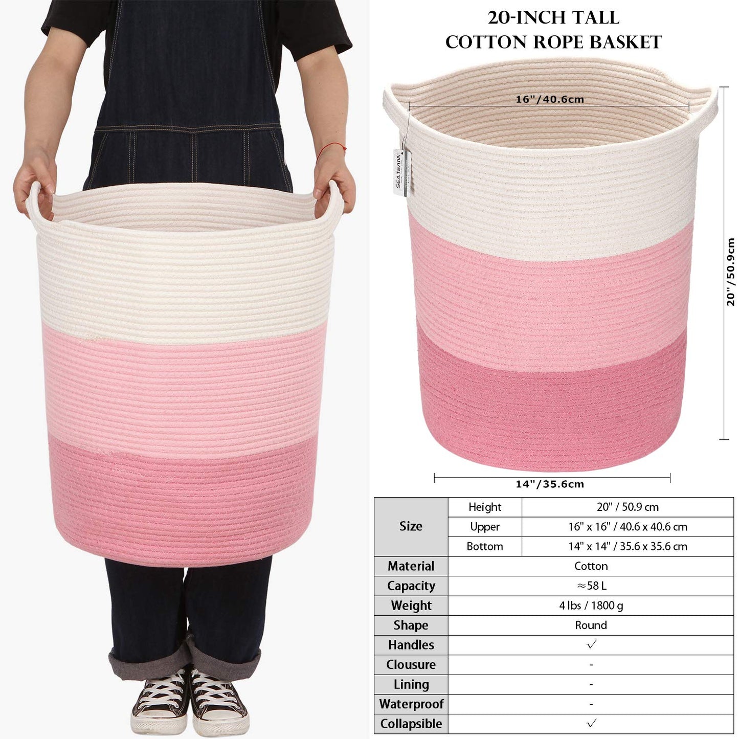 Sea Team Large Size Cotton Rope Woven Storage Basket with Handles, Laundry Hamper, Fabric Bucket, Drum, Clothes Toys Organizer for Kid's Room, 20 x 14 inches, Round Open Design, White & Pink