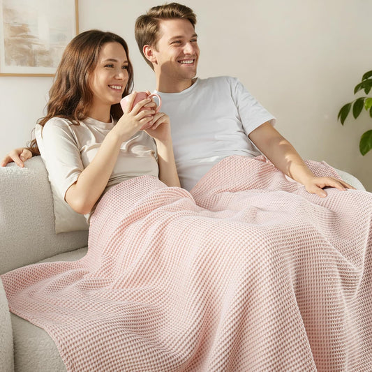 Exclusivo Mezcla 100% Cotton Waffle Throw Blanket for Couch, Sofa, Lightweight and Breathable Gauze Muslin Blanket for Summer, Moisture-Wicking, Home Decor, 50"x70", Pink