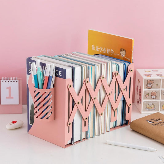 Adjustable Book Ends for Heavy Books, Metal Expandable Bookends for Shelves, Book Organizer Stopper Holder for Desk, Kids Room, Classroom, Office, Library (Pink)