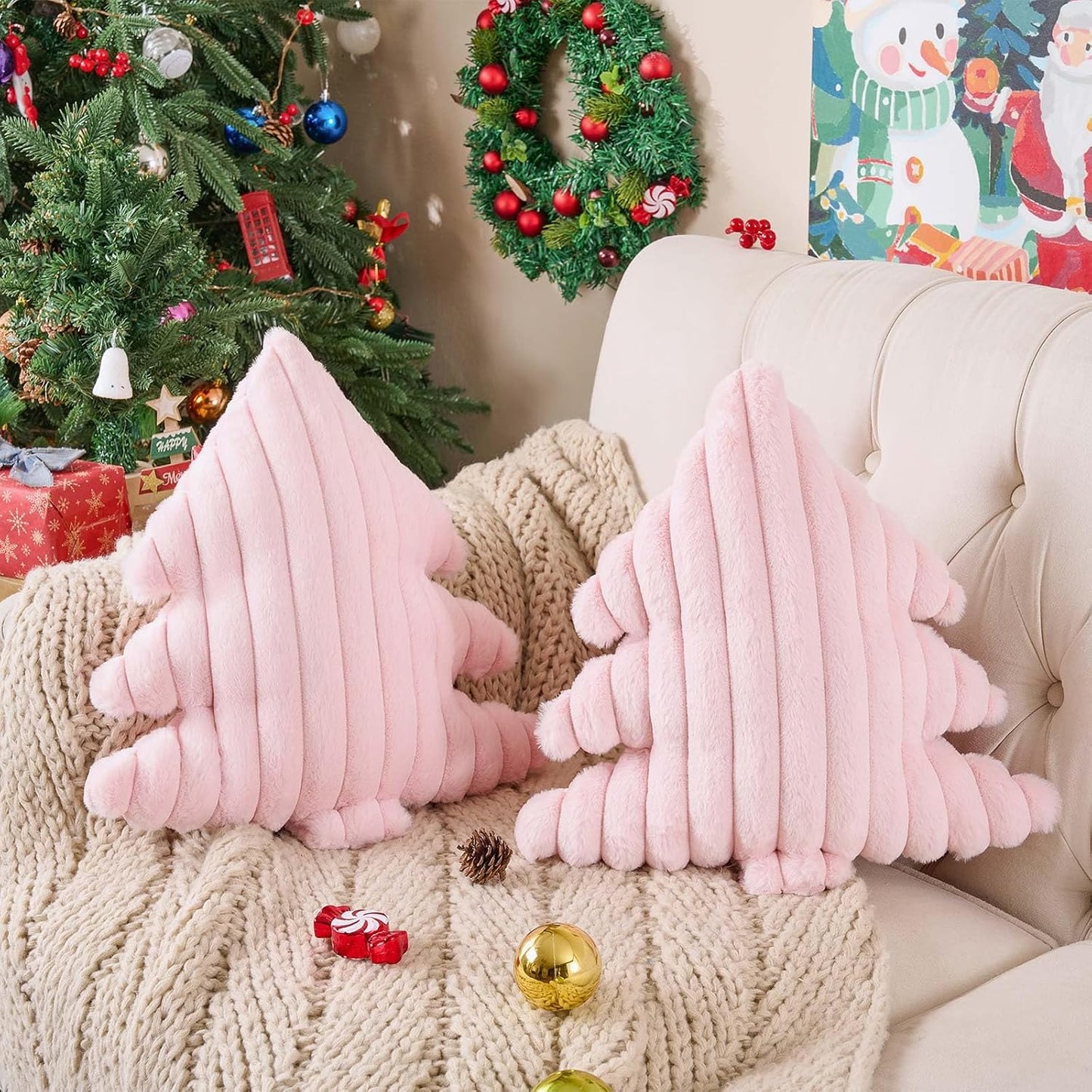 Lanpn Christmas Tree Pillows Set of 2, Christmas Decoration Wide Stripes Winter Throw Pillows Soft Cute 3D Shaped Xmas Tree Throw Cushion for Sofa Bedroom Xmas Decor (18x16 inch, Pink)