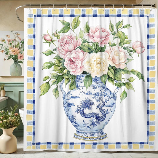 Floral Shower Curtain, Watercolor Peach White Peony Flower Bath Curtain for Spring Summer Bathroom Decor, Modern Elegant Blooming Fabric Shower Curtain Set with Hooks 72x78 Inch