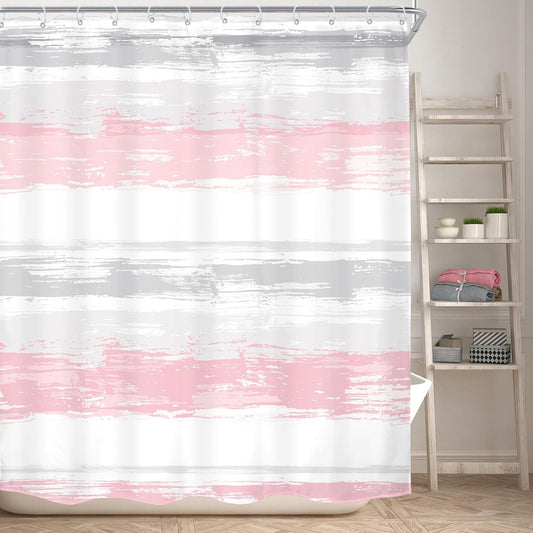 KOMLLEX Abstract Grey Pink Shower Curtain for Women Bathroom Decor 60Wx72H Modern Striped Aesthetic Minimalist Geometric Simple Neutral Watercolor Painting Fabric Waterproof Polyester 12 Pack Hooks
