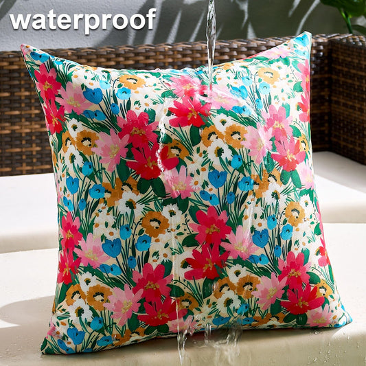 Outdoor Waterproof Pillow Covers Colorful Floral Patio Throw Pillow Covers 16x16 Inch Set of 2 Pink Blue Flowers Green Leaves Decorative Cushion Covers for Home Couch Sofa Porch Decor