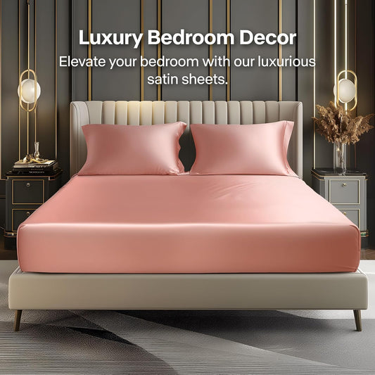 BEDELITE Satin Fitted Sheet and Pillowcases Set, Luxury Soft Similar to Silk Bottom Bed Sheet with Elastic Corner Straps, Deep Pocket up to 15 Inch, 1 Fitted Sheet and 2 Pillowcases(Queen, Rose Pink)