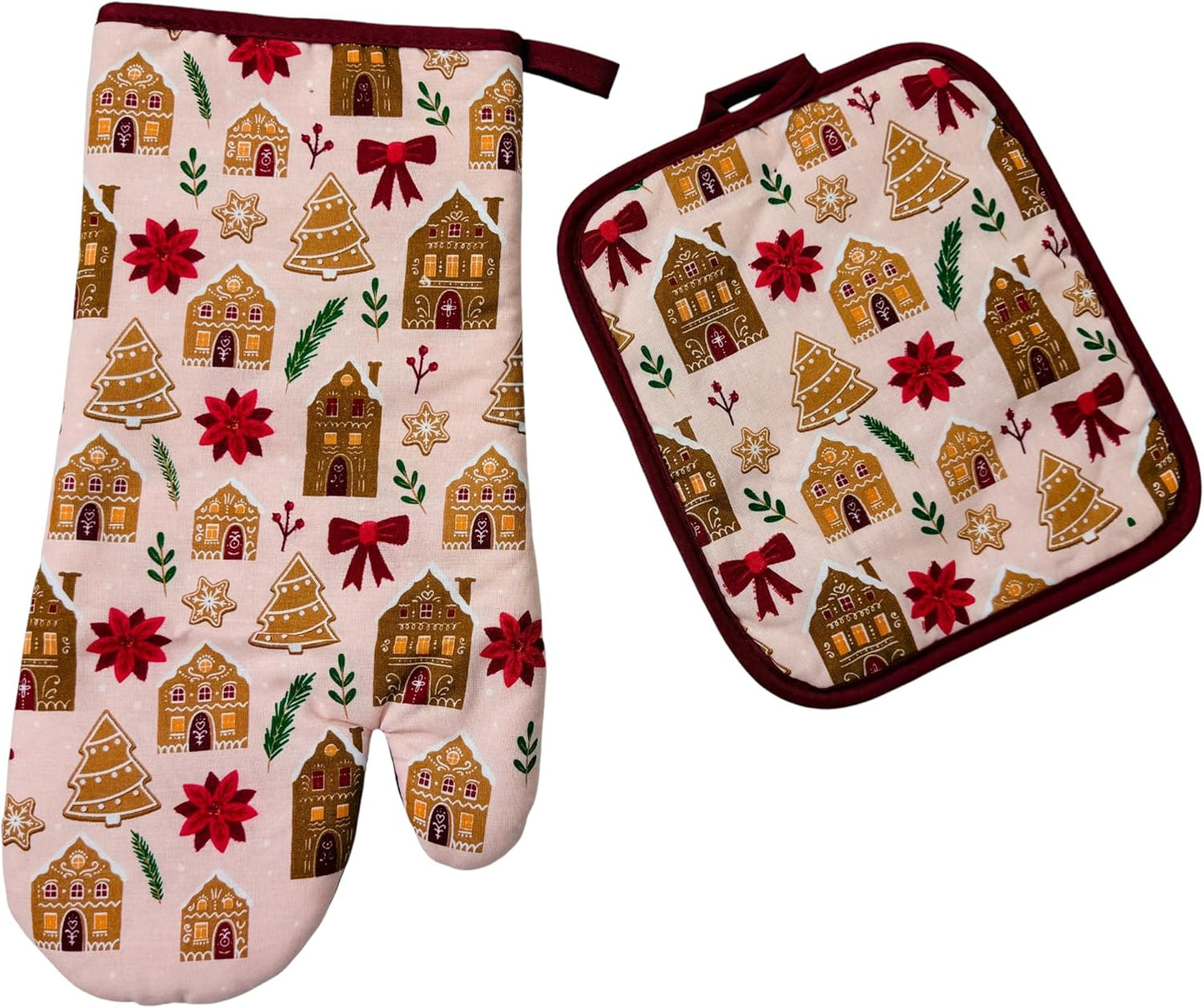 Holiday Kitchen Dish Towel and Pot Holders – Set of 3 100% Cotton Pink Gingerbread Houses, Trees, and Poinsettia Design – One (1) Kitchen Towel, One (1) Oven Mitt, and One (1) Pot Holder