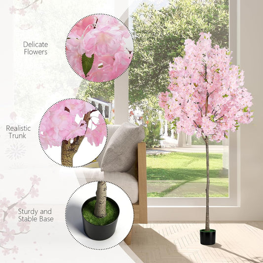 6FT Pink Artificial Cherry Blossom Tree, Realistic Potted Faux Cherry Tree, Silk Flower Fake Tree, Artificial Plants for Home Office Wedding Party Indoor Outdoor Front Door Decoration