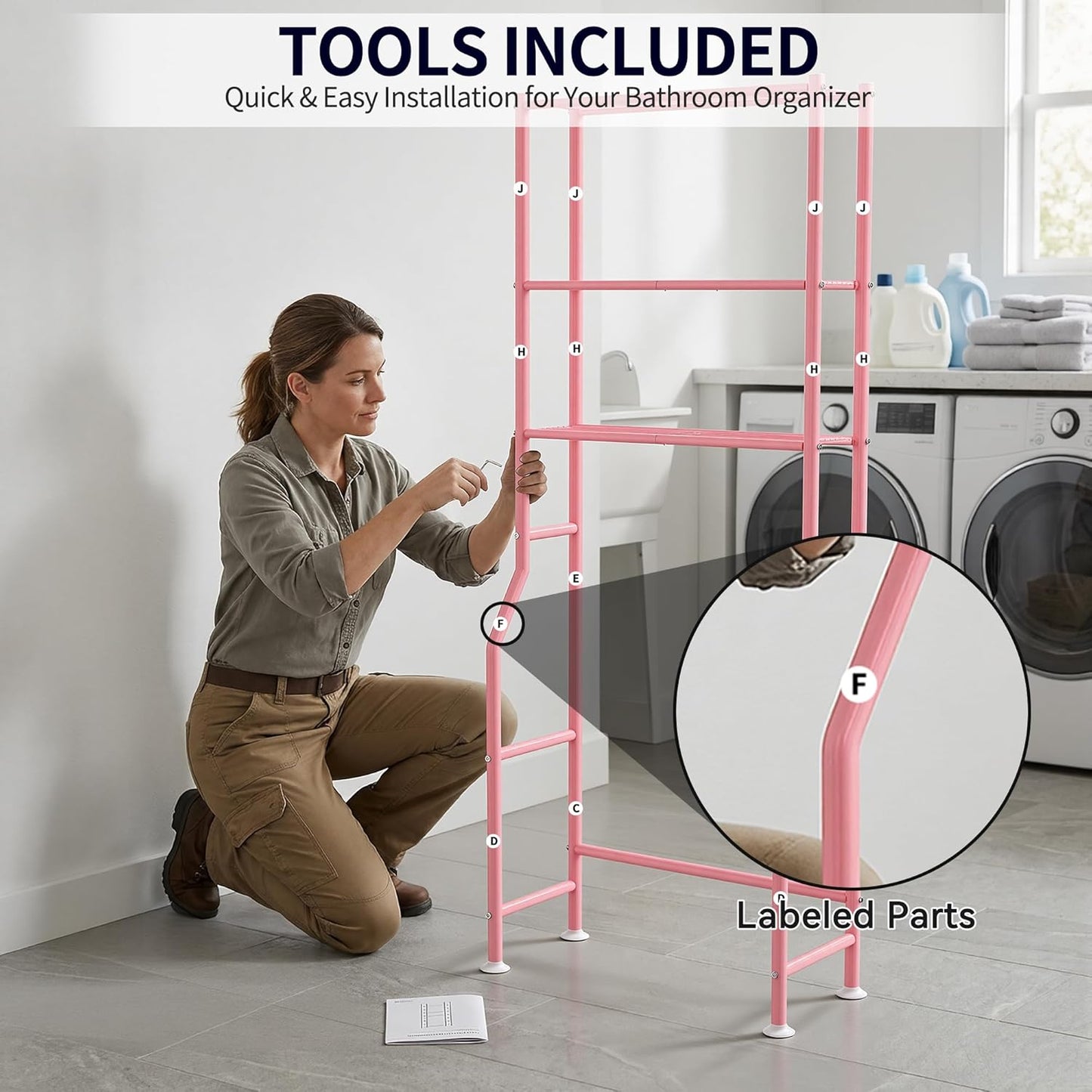 3-Tier Over The Toilet Storage, Freestanding Metal Bathroom Shelves, Space Saver Above The Over Toilet Storage Shelf for Bathroom (Pink)