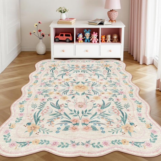 Pink Floral Rug 5X7 for Girls Bedroom or Nursery, Scalloped Washable Non-Slip Area Rug, Cute Soft Boho Carpet for Kids Room, Dorm, or Playroom
