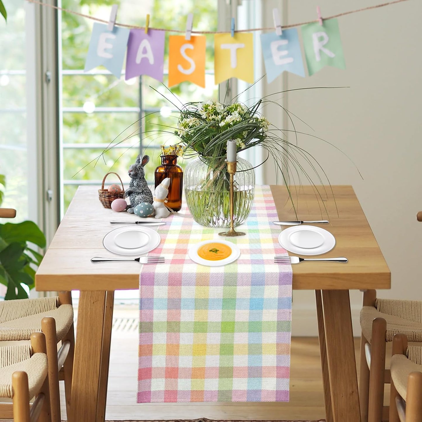 Easter Linen Buffalo Check Plaid Table Runner, Pink Blue Yellow Grid Tablecloth Spring Holiday Dining Table Decoration for Farmhouse Home Room Kitchen Table Easter Party Supplies (13 * 72 Inch)