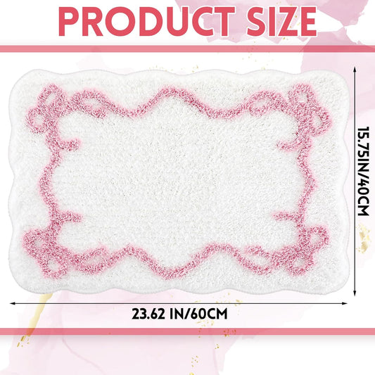 Tinideya Bow Bathmat Rug with Scalloped Wavy Ripple Design, Microfiber Absorbent Non Slip Tufted Rug Aesthetic Coquette Room Decor for Floor Shower Kitchen 15.8 x 23.6 Inch(Pink)
