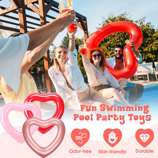 Zhanmai 3 Pcs Inflatable Heart Pool Float 47.3 x 39.4 Inch Swim Heart Shaped Pool Rings for Adults Water Floatie Summer Swimming Tube for Beach Bachelorette Part