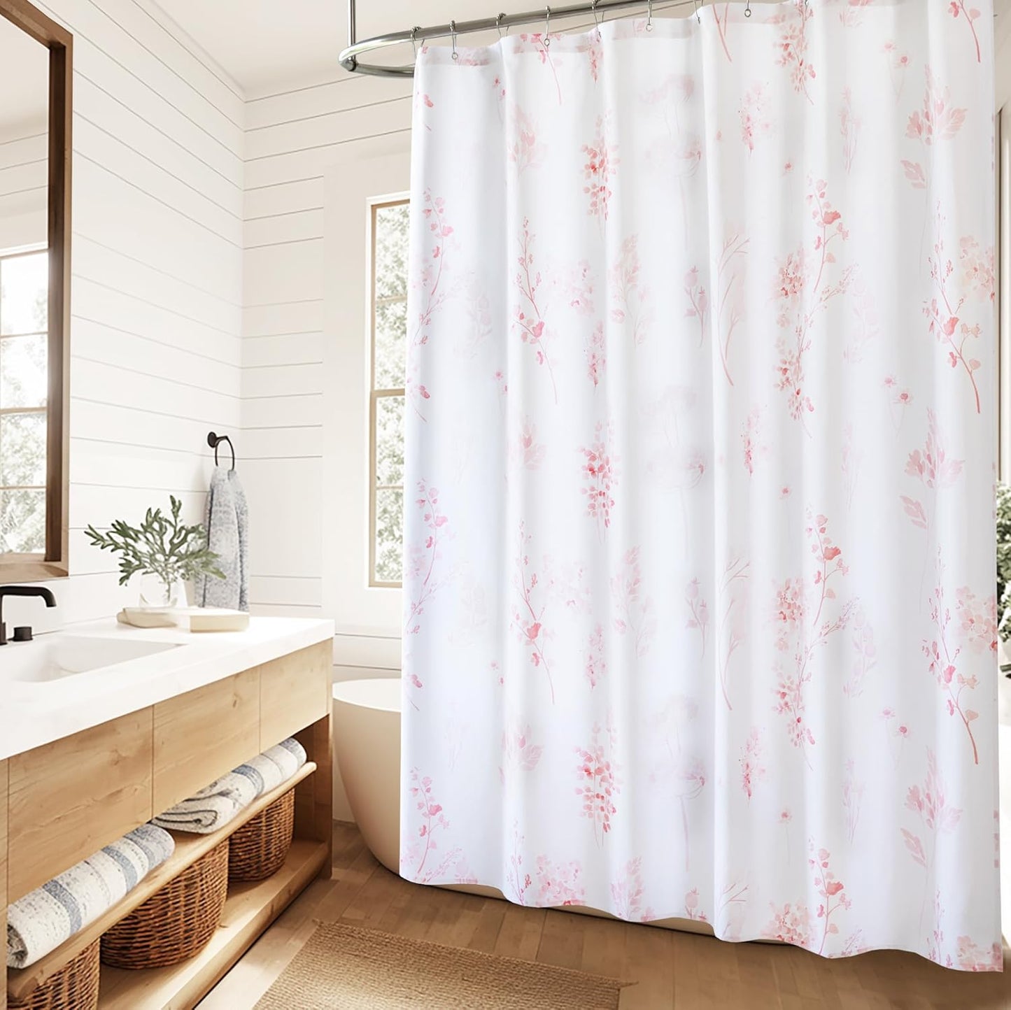 Pink Cute Floral Shower Curtain for Dorm Bathroom - Waterproof Fabric Pretty Light Pastel Coquette Boho French Country Flower Shower Curtains for Teen Girls Women with Hooks 72x72