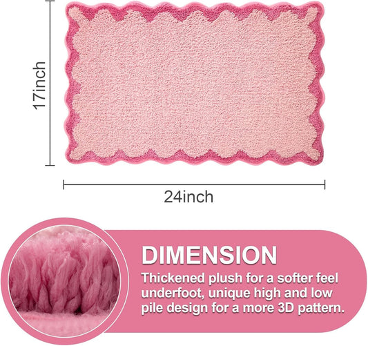 ORTIGIA Small Pink Scalloped Bath Mat, Cute Plush Microfiber Scallop Bathroom Rugs Non Slip Washable Quick Dry Absorbent, Bathmat Carpet for Shower Stall Vanities Kitchen Floor Entrance, 17x24